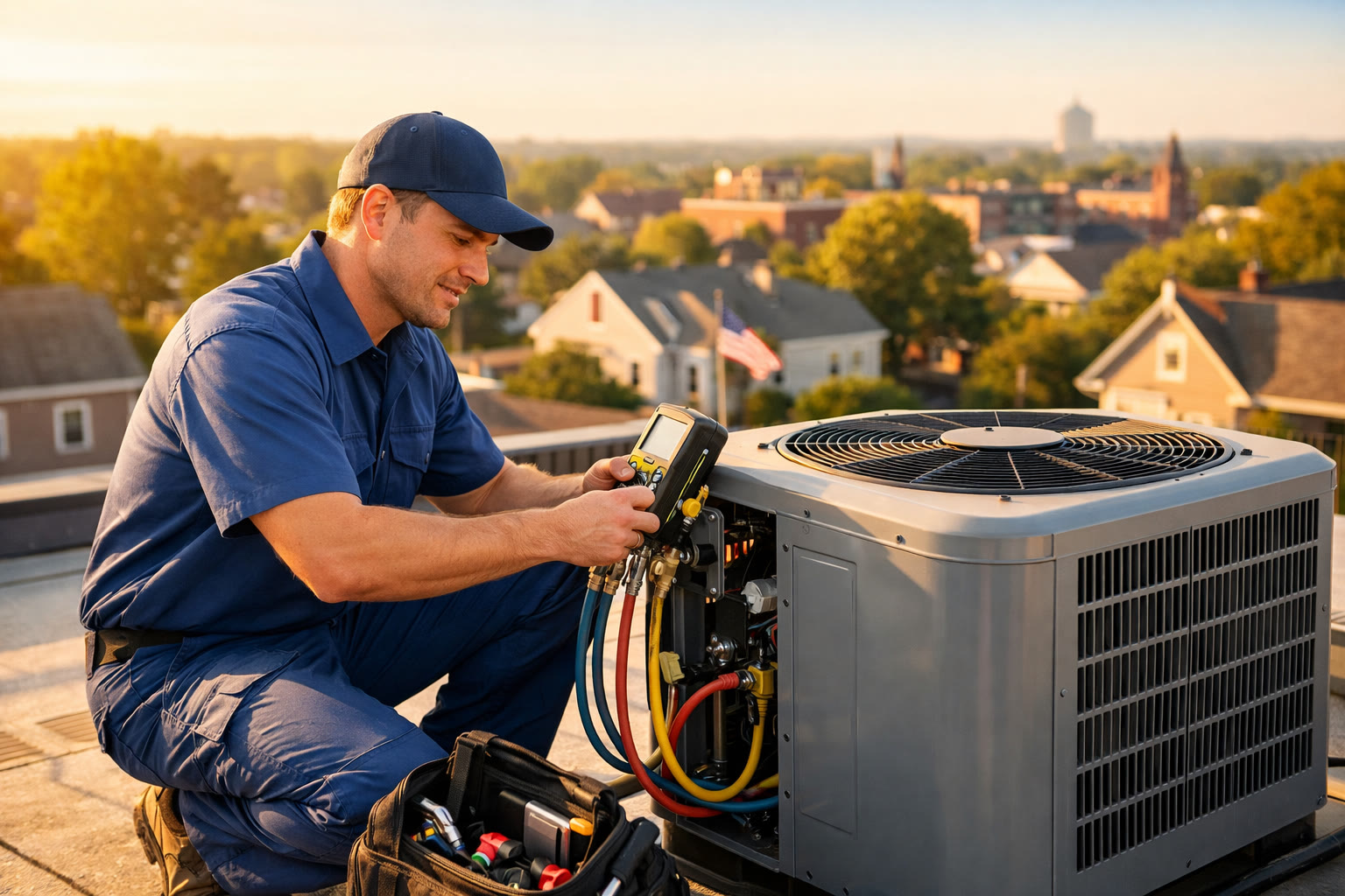 HVAC technician servicing an air conditioning unit on a New Jersey rooftop